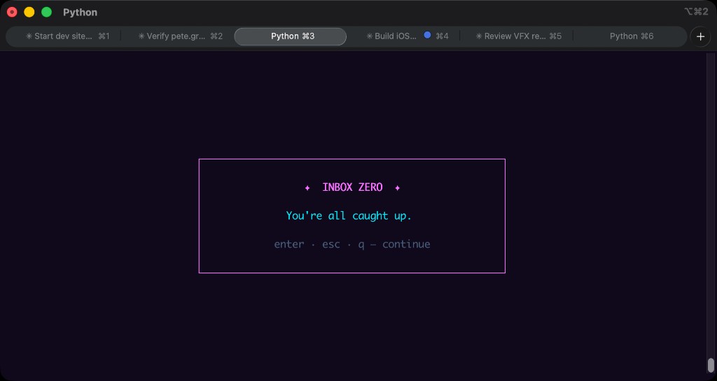 inbox-cli terminal showing an Inbox Zero message with pink border on a dark background