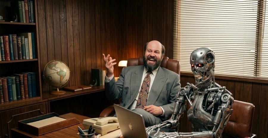 A businessman dictating to a Terminator robot typing on a laptop in a 1980s wood-panelled office
