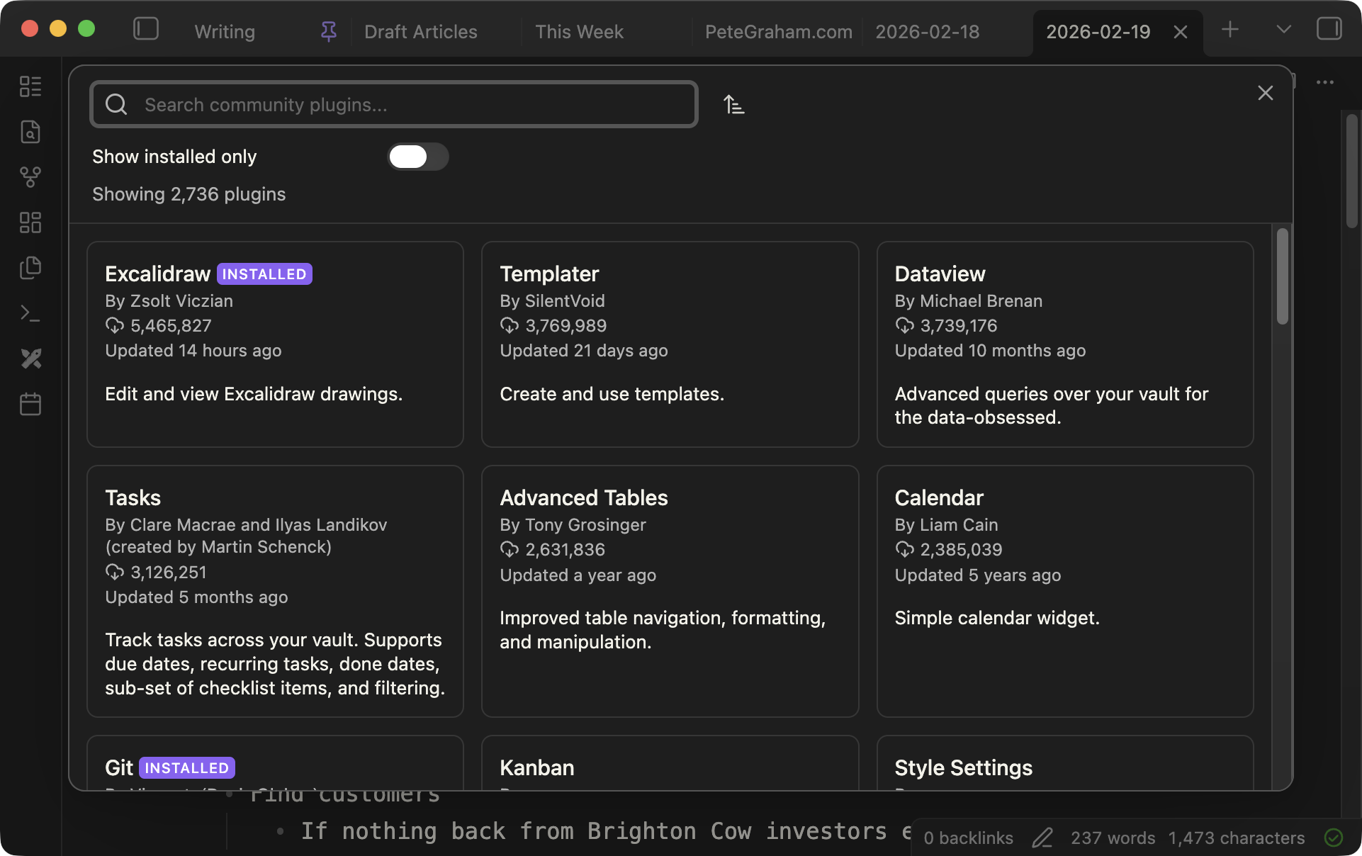 Obsidian Community Plugins browser showing Excalidraw, Templater, Dataview, Tasks, and Git