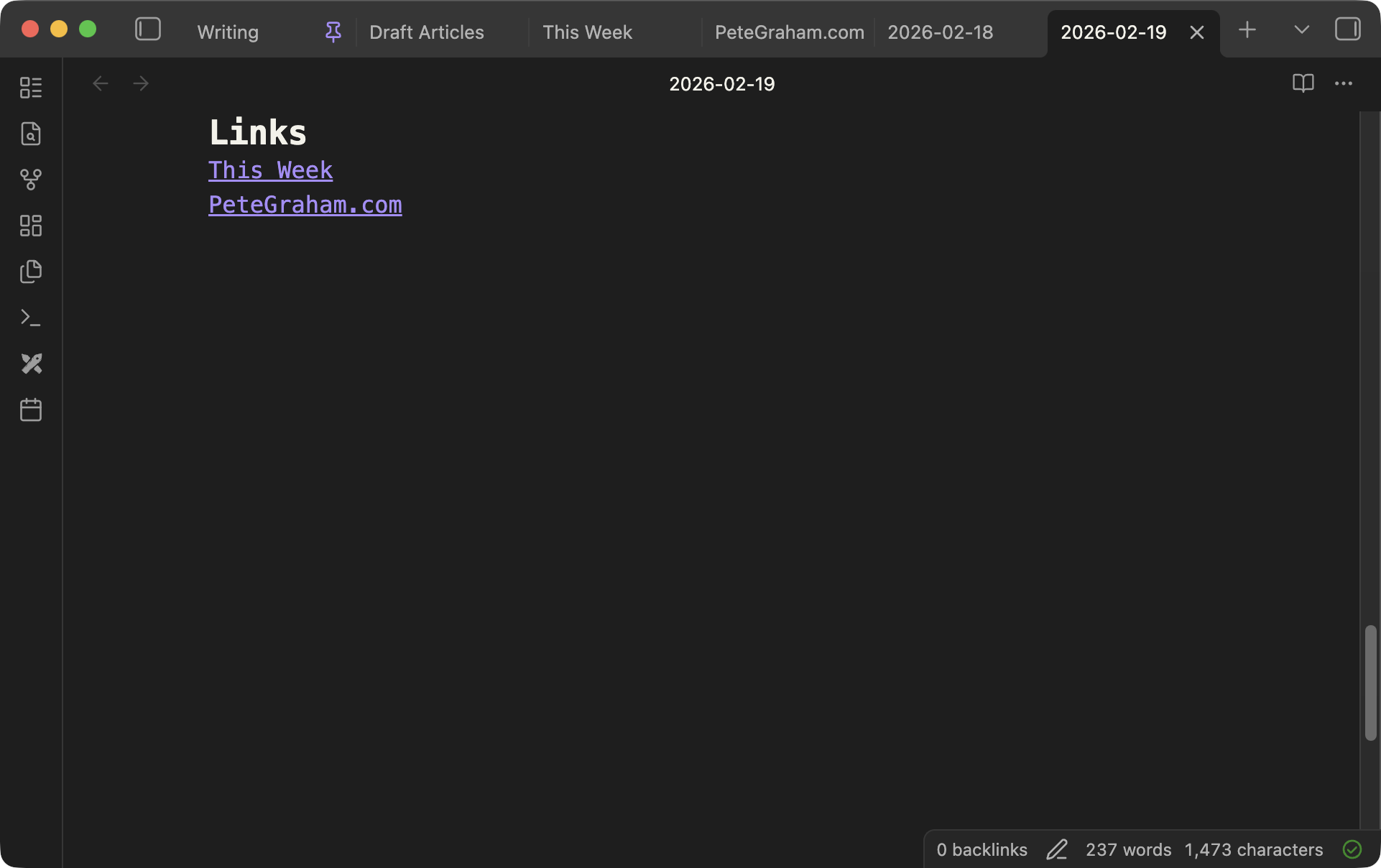 Screenshot: Obsidian note showing a "Links" section with two links, "This Week" and "PeteGraham.com", styled as clickable Markdown links.
